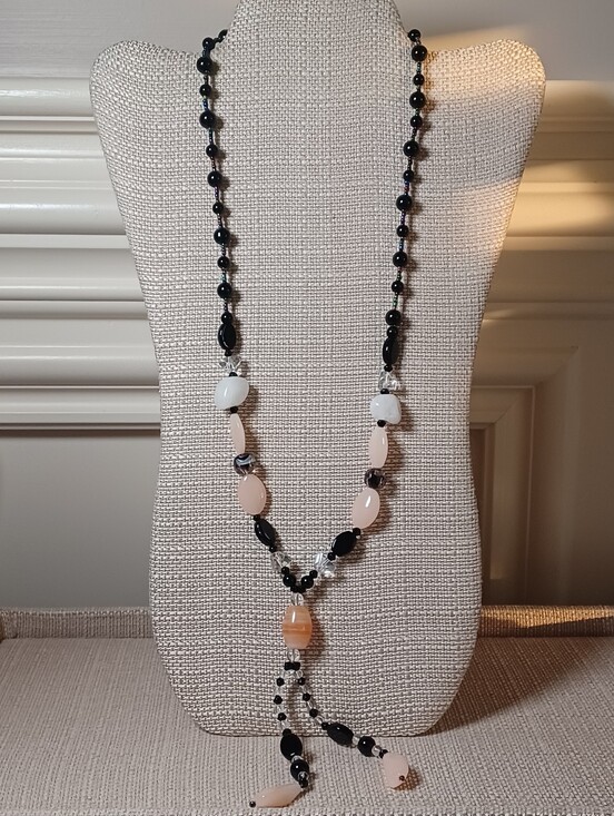 Artisan Jewelry - Artisan Lariat Black Onyx, Rose Quartz, & Banded Agate Bohemian Y-Necklace 🖤💫